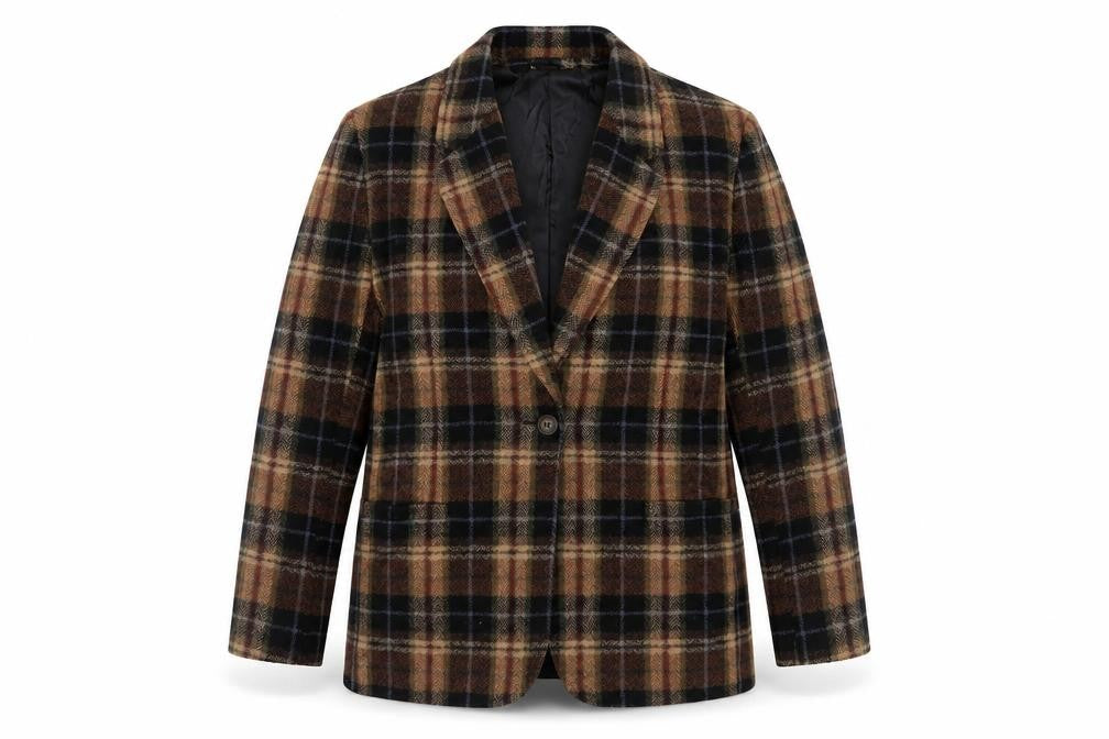 Front view of White Stag Women's Brown Checked Wool Blend Blazer, size 12, Classic Fit