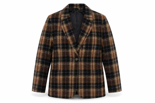 Front view of White Stag Women's Brown Checked Wool Blend Blazer, size 12, Classic Fit