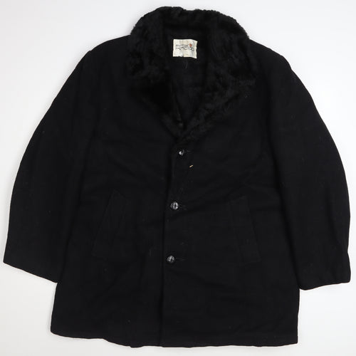 Fox Knapp Men's Black Wool Overcoat Faux Fur Collar Size 46 Regular