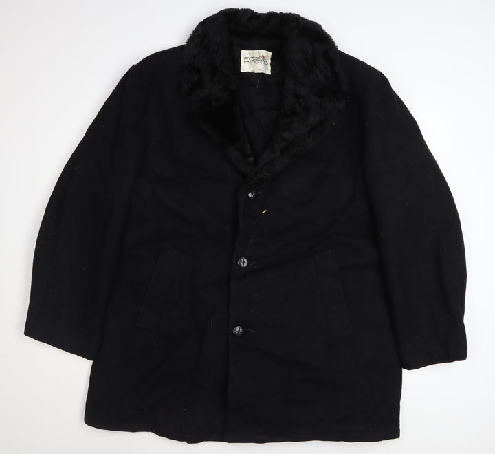 Fox Knapp Men's Black Wool Overcoat Faux Fur Collar Size 46 Regular