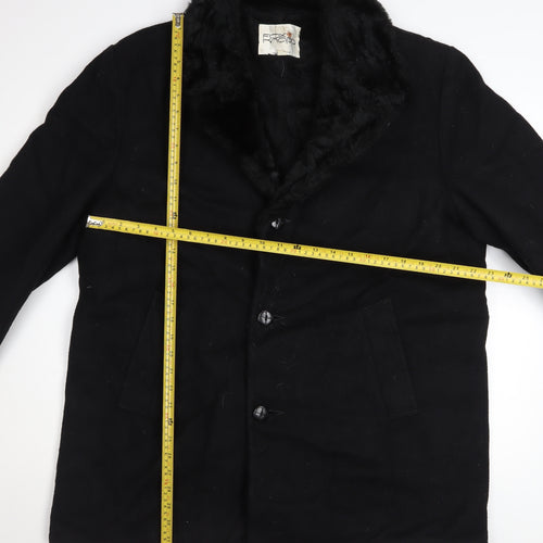Fox Knapp Men's Black Wool Overcoat Faux Fur Collar Size 46 Regular