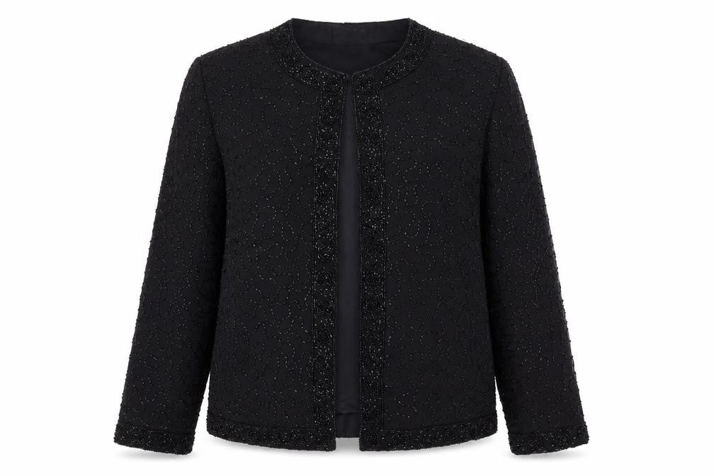 Front view of Marina women’s black beaded open front formal jacket, size M