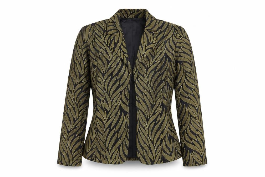 Front view of Jessica Howard Petite Green Leaf Pattern Blazer Women's, size 10