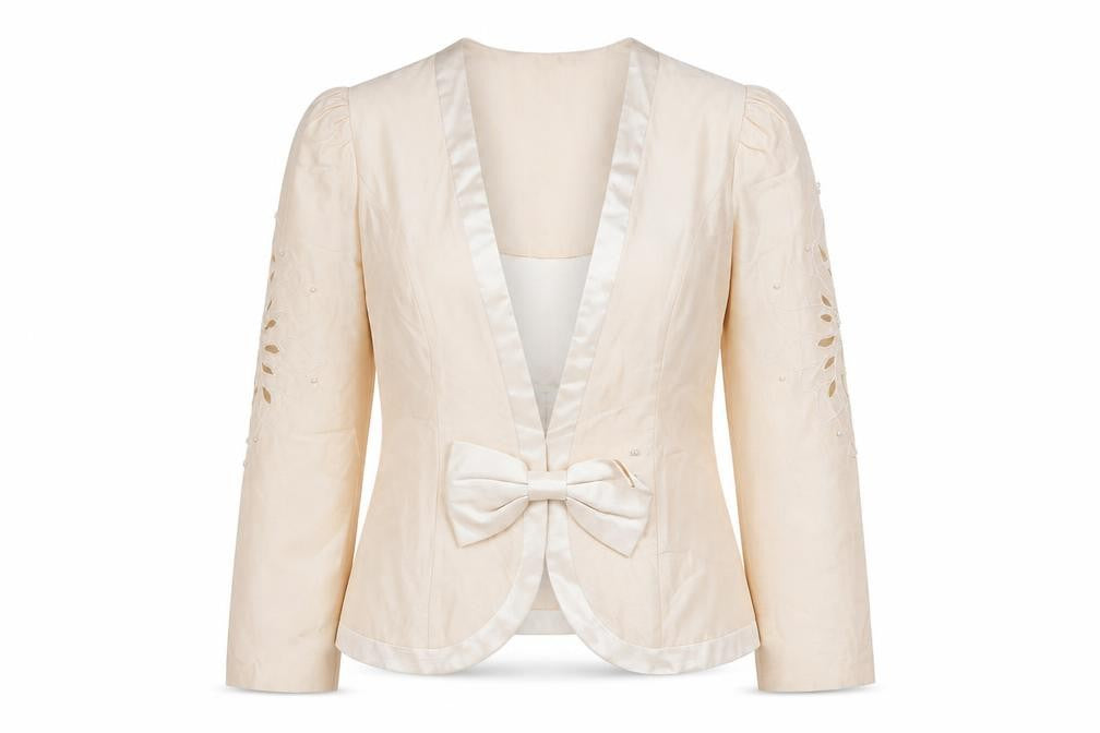 Front view of Cachet by Bari Protas Women’s Beige Formal Bow Blazer, size UK 12