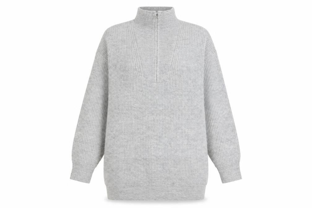 Front view of Jack Wills Women's Grey High Neck 1/2 Zip Knit Jumper, size 12