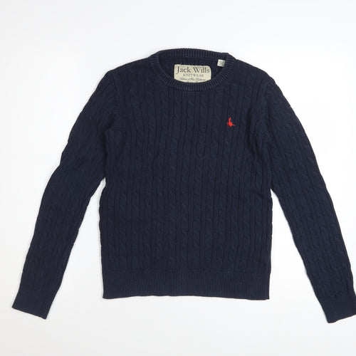 Jack Wills Womens Blue Cable Knit Cotton Jumper UK 10 Classic Crew Neck