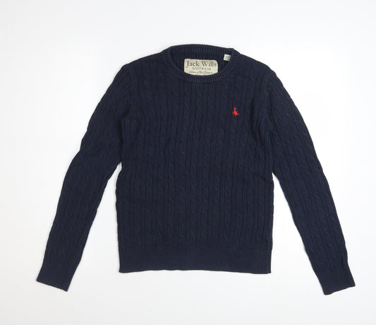 Jack Wills Womens Blue Cable Knit Cotton Jumper UK 10 Classic Crew Neck