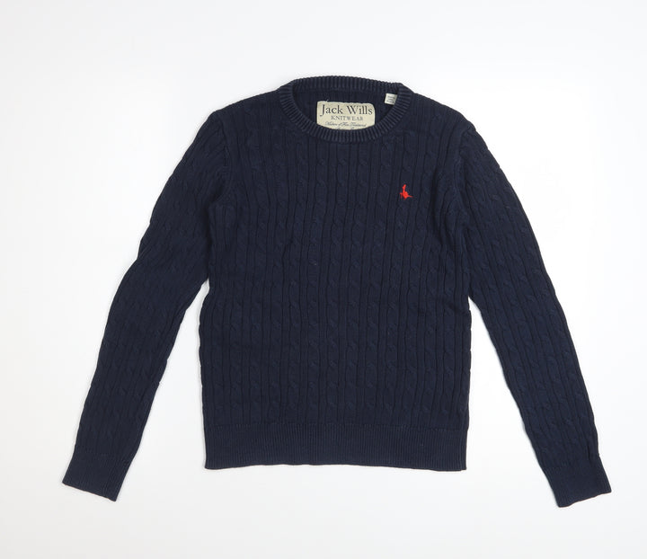 Jack Wills Womens Blue Cable Knit Cotton Jumper UK 10 Classic Crew Neck