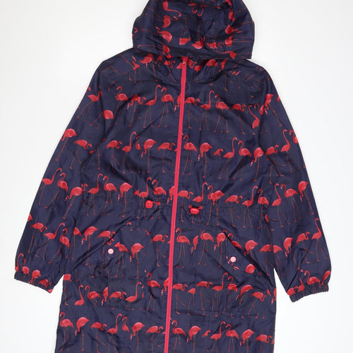 B.YOU Womens Blue Flamingo Print Hooded Rain Coat Size 12