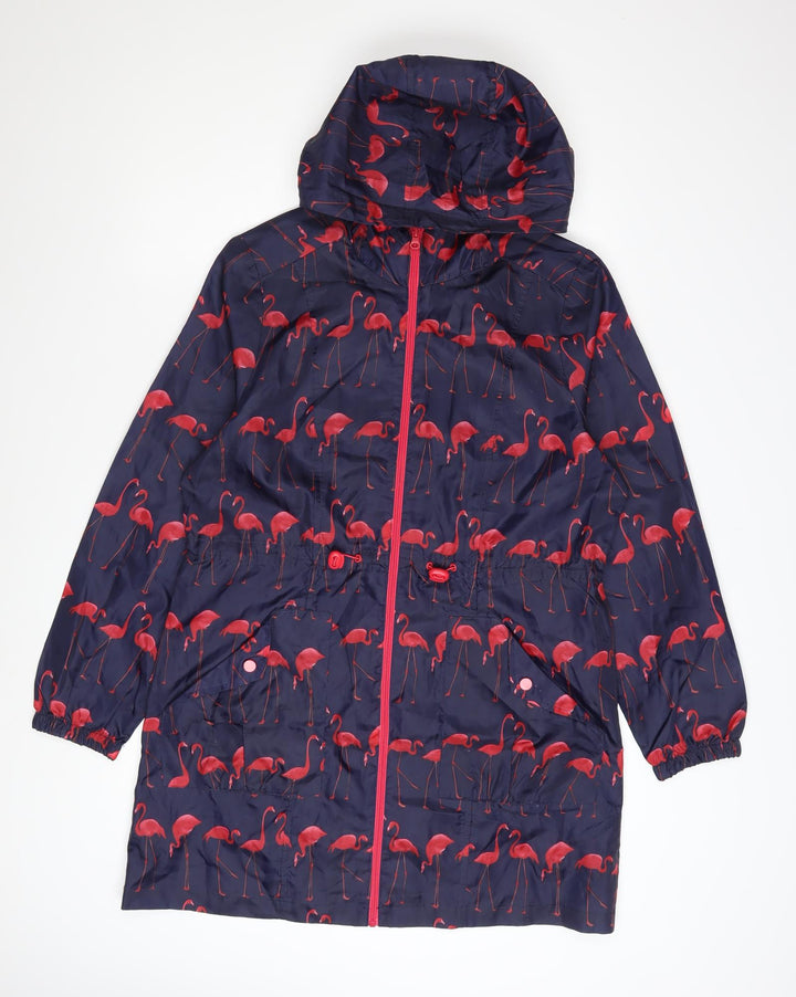 B.YOU Womens Blue Flamingo Print Hooded Rain Coat Size 12