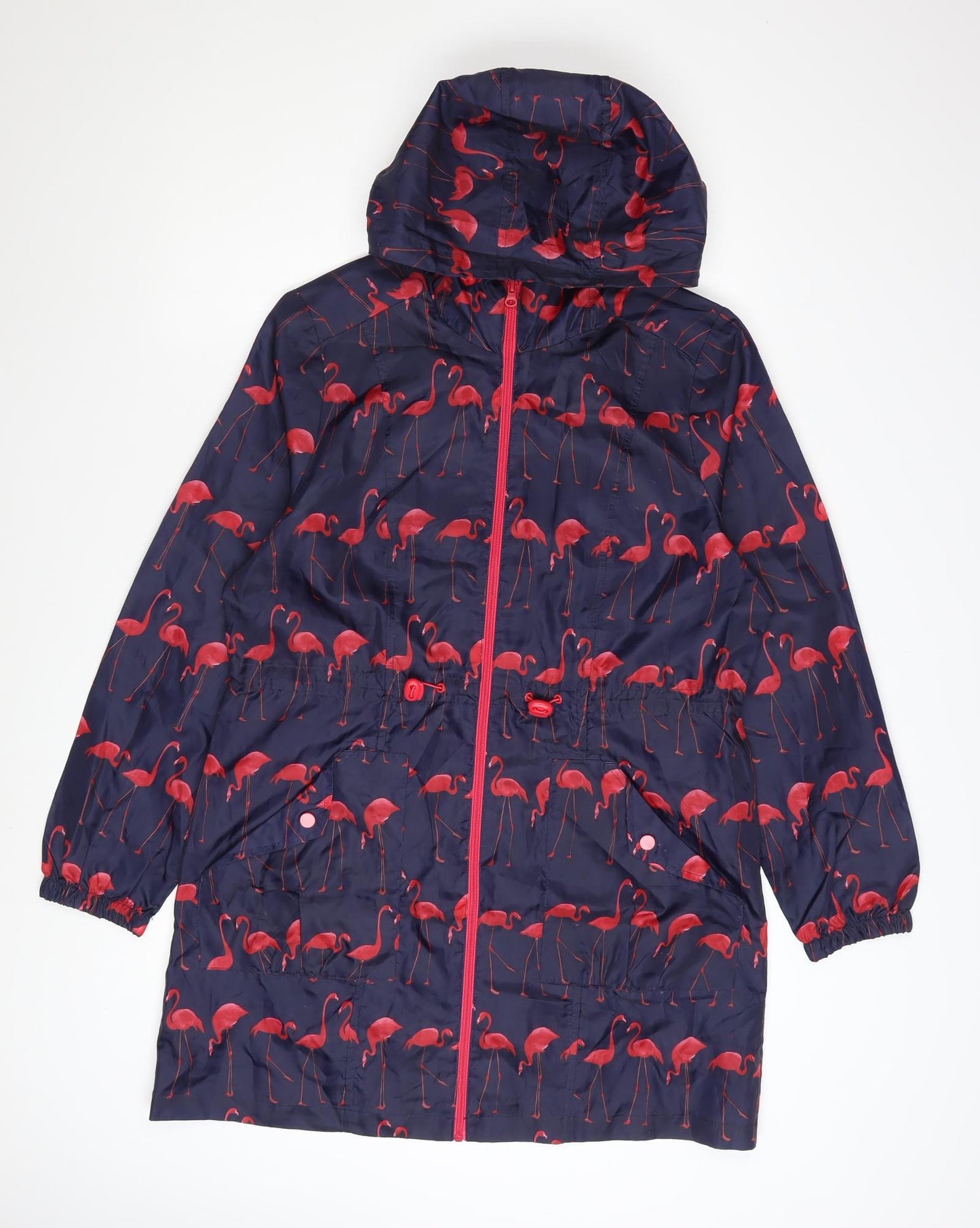B.YOU Womens Blue Flamingo Print Hooded Rain Coat Size 12