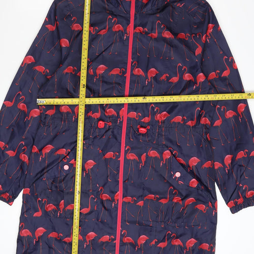 B.YOU Womens Blue Flamingo Print Hooded Rain Coat Size 12