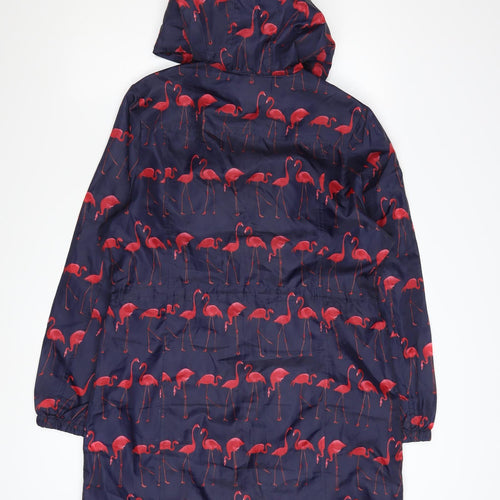 B.YOU Womens Blue Flamingo Print Hooded Rain Coat Size 12