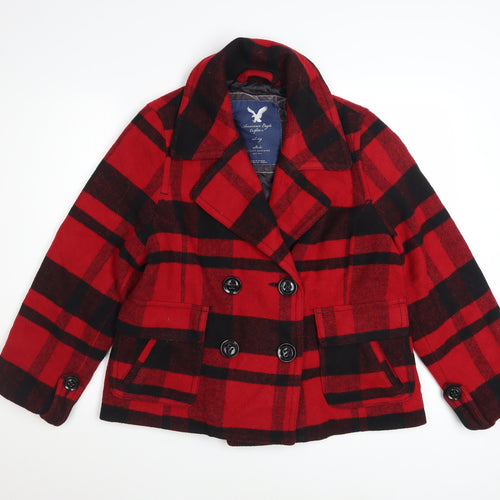 American Eagle Outfitters Women's Red Plaid Wool Blend Pea Coat XL