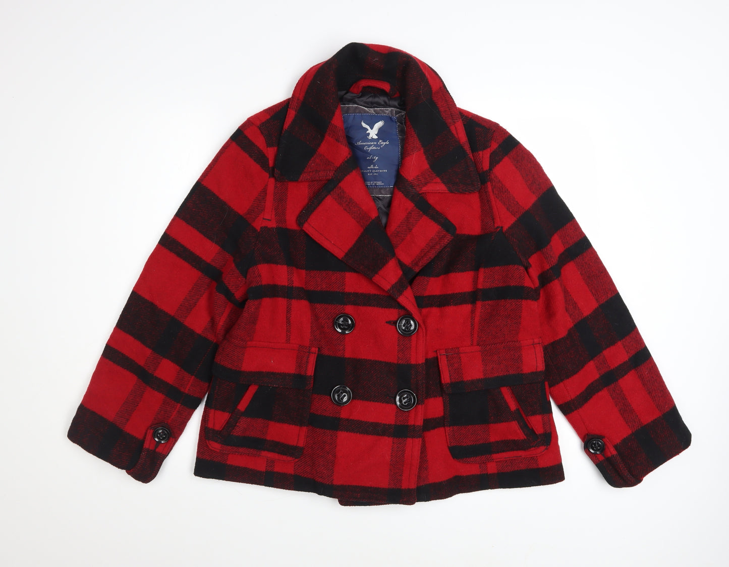 American Eagle Outfitters Women's Red Plaid Wool Blend Pea Coat XL