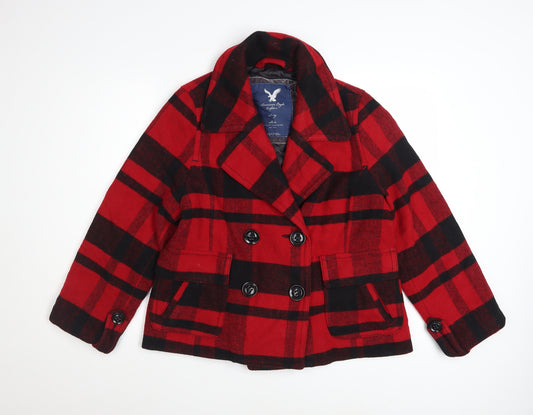 American Eagle Outfitters Women's Red Plaid Wool Blend Pea Coat XL