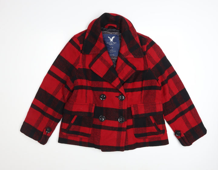 American Eagle Outfitters Women's Red Plaid Wool Blend Pea Coat XL