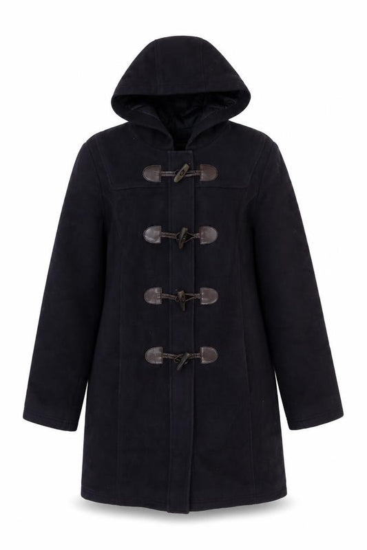 Front view of L.L. Bean Women's Black Wool Duffle Coat, size 8, Hooded Mid-Length