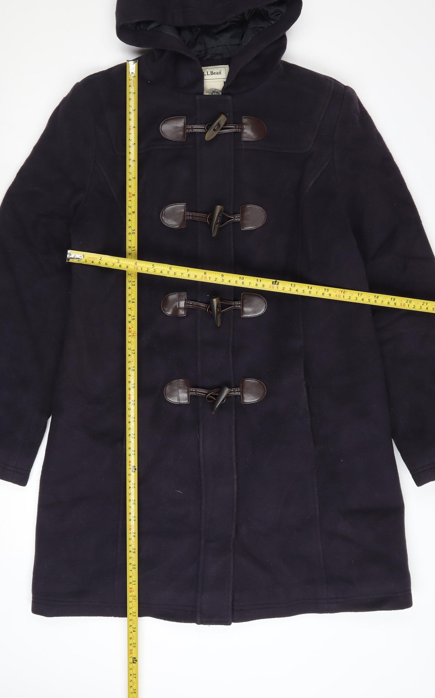 L.L. Bean Women's Black Wool Duffle Coat Size 8 Hooded Mid-Length
