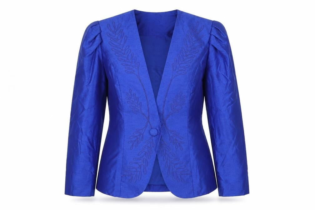 Front view of Venus Originale Women’s Blue Embroidered Formal Blazer, size UK 16