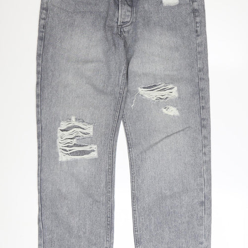 boohooMAN Men's Grey Distressed Straight Fit Jeans Size 32