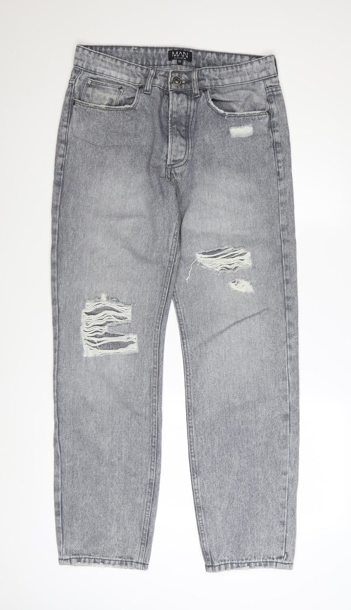 boohooMAN Men's Grey Distressed Straight Fit Jeans Size 32