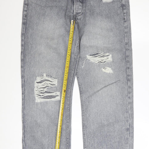 boohooMAN Men's Grey Distressed Straight Fit Jeans Size 32