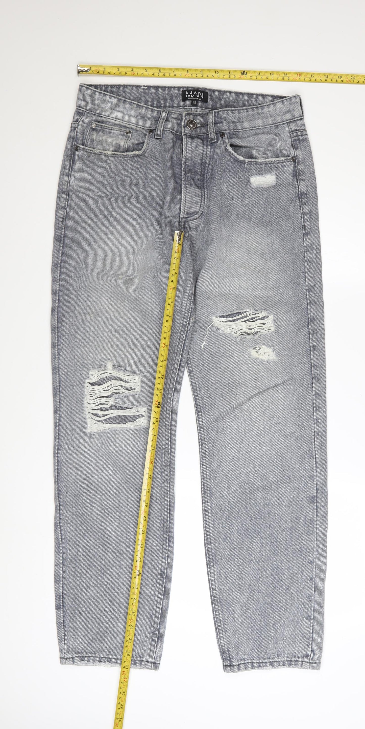 boohooMAN Men's Grey Distressed Straight Fit Jeans Size 32