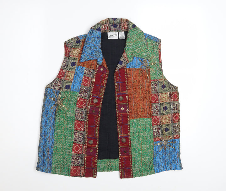 Chico’s Multicoloured Patchwork Quilted Waistcoat Women’s Size M Bohemian Style