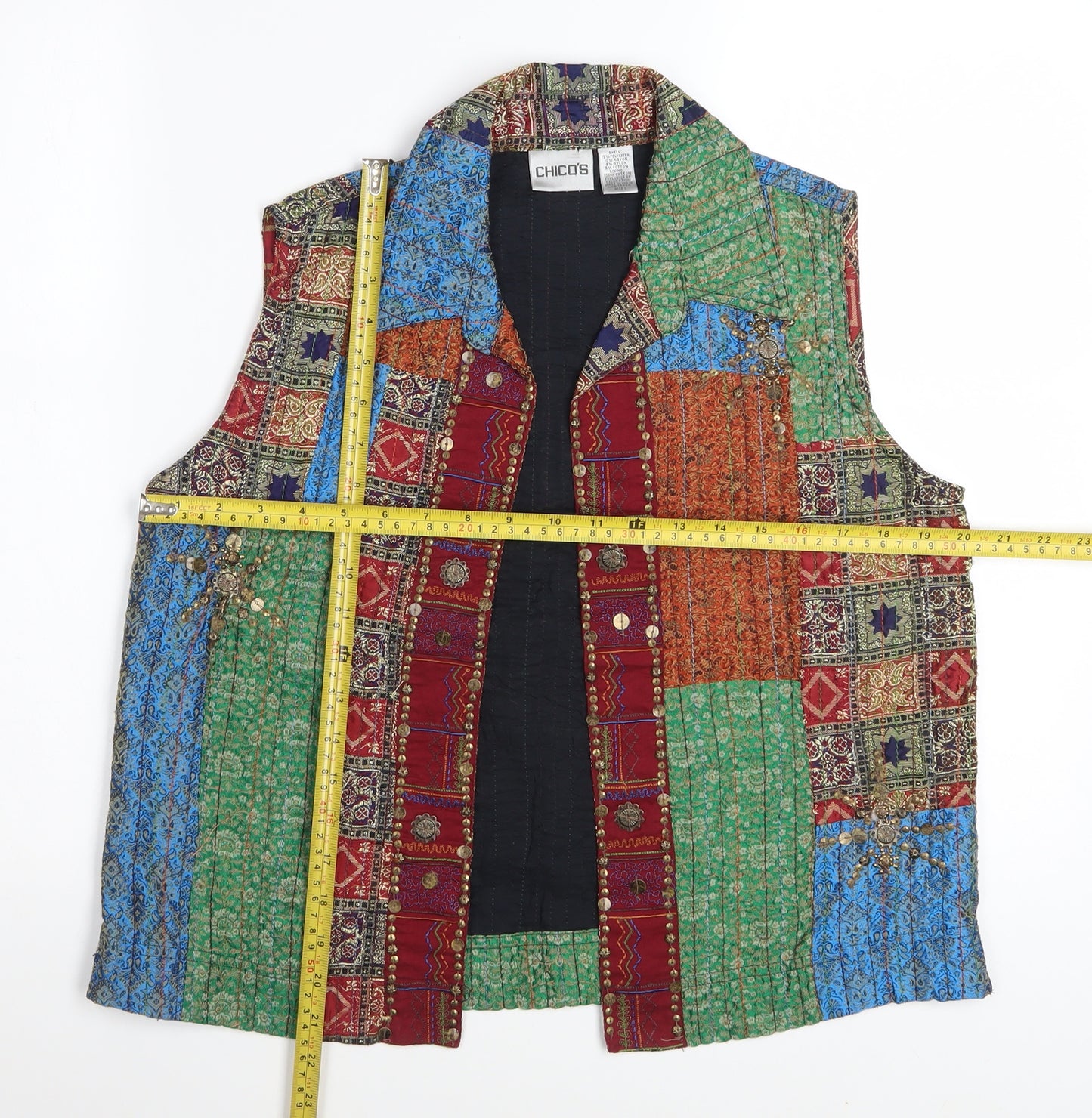 Chico’s Multicoloured Patchwork Quilted Waistcoat Women’s Size M Bohemian Style