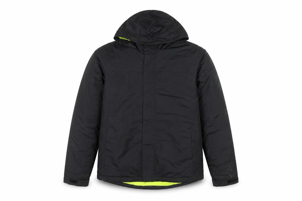 Front view of Crivit Men's Black Hooded Puffer Jacket, size 38, Regular Outdoor
