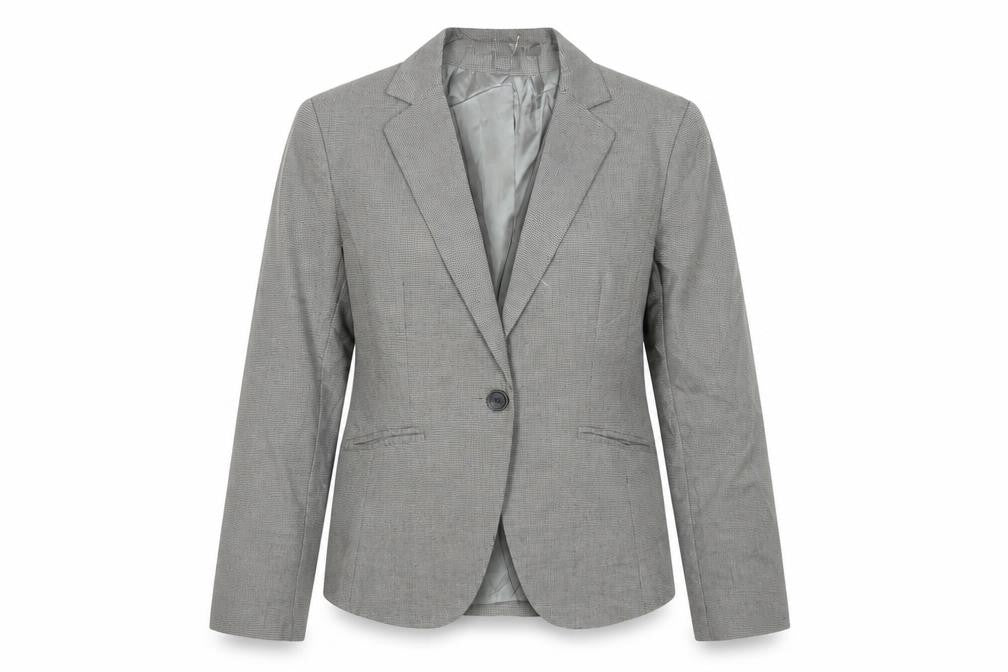 Front view of Suzy Shier Women's Grey Houndstooth Tailored Blazer, size 14