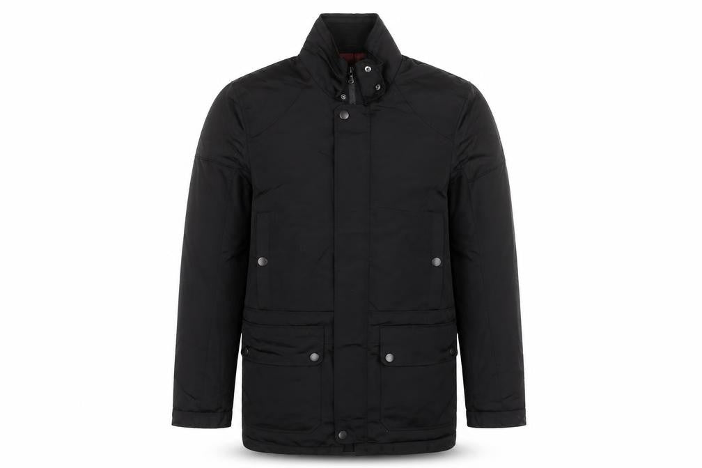 Front view of Thomas Nash Men's Black Parka Jacket, size S, Water Resistant