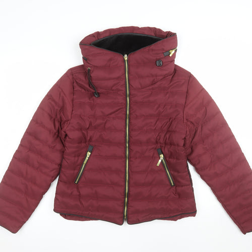 PrettyLittleThing Women's Red Puffer Jacket L Hooded Zip Winter Coat
