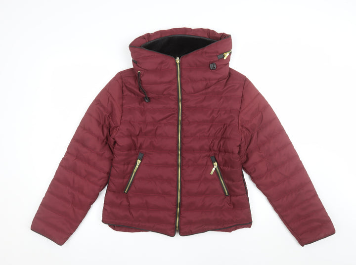 PrettyLittleThing Women's Red Puffer Jacket L Hooded Zip Winter Coat