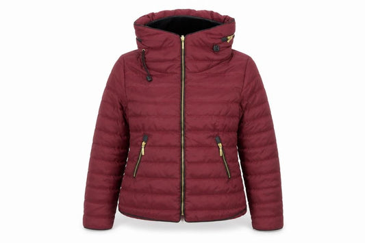 Front view of PRETTYLITTLETHING Women's Red Puffer Jacket L Hooded Zip Winter Coat