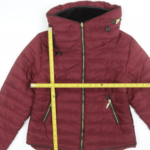 PrettyLittleThing Women's Red Puffer Jacket L Hooded Zip Winter Coat
