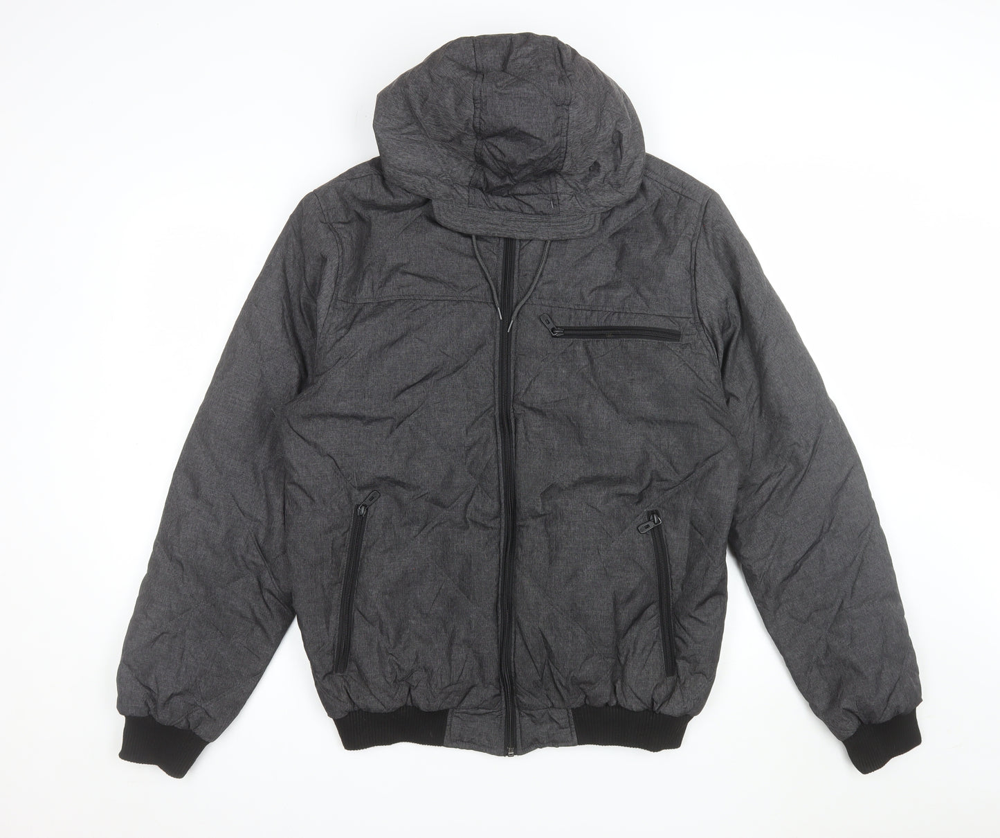 Twisted Soul Men's Grey Hooded Bomber Jacket Size L Polyester Winter