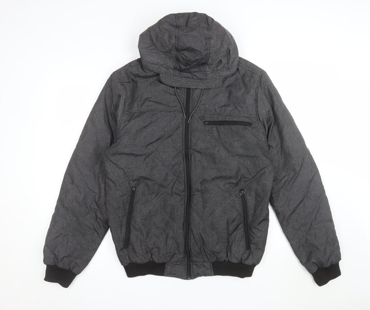 Twisted Soul Men's Grey Hooded Bomber Jacket Size L Polyester Winter
