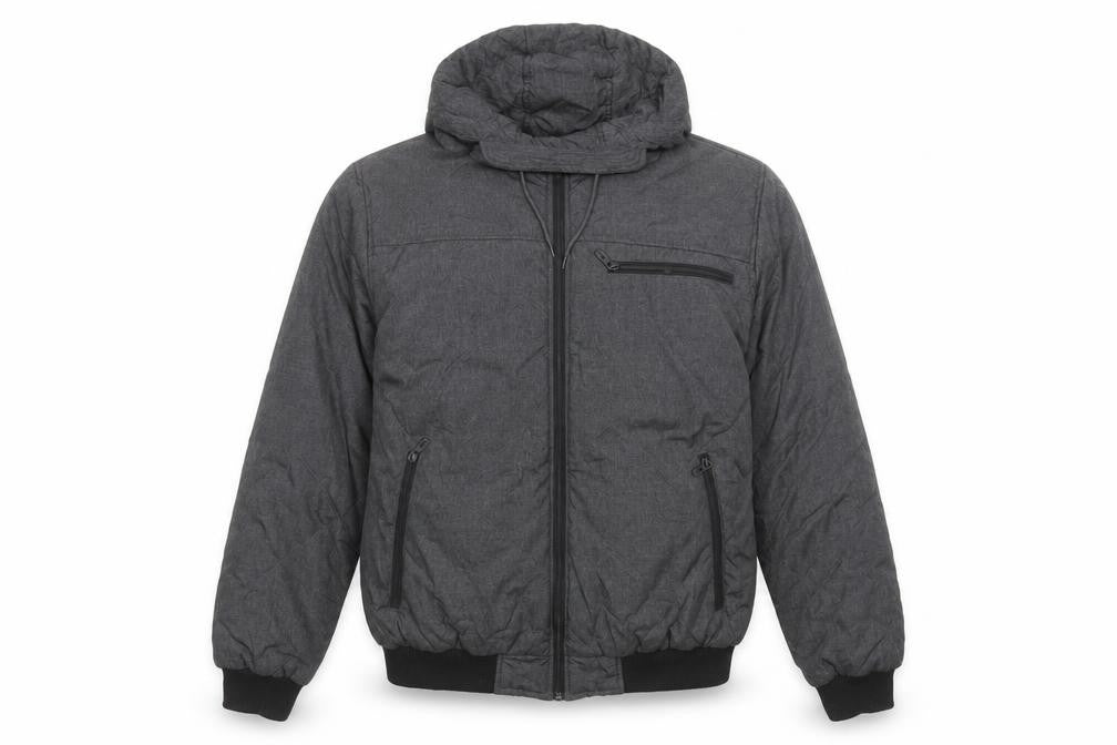 Front view of Twisted Soul Men's Grey Hooded Bomber Jacket, size L, Polyester Winter