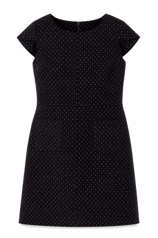 Front view of Next Women's Black Polka Dot Shift Dress, size 10, Short Sleeve
