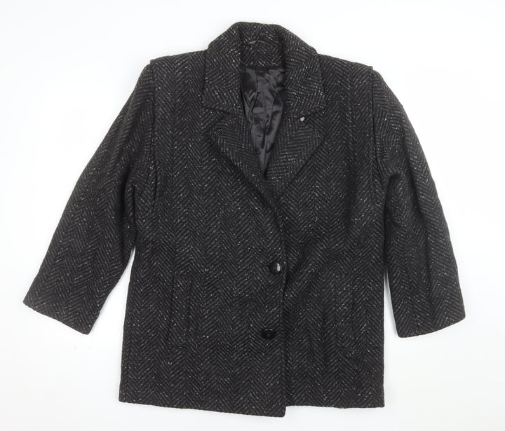 Collection Elégante Women's Black Wool Blend Herringbone Mid-Length Coat Size 12