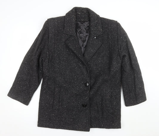 Collection Elégante Women's Black Wool Blend Herringbone Mid-Length Coat Size 12