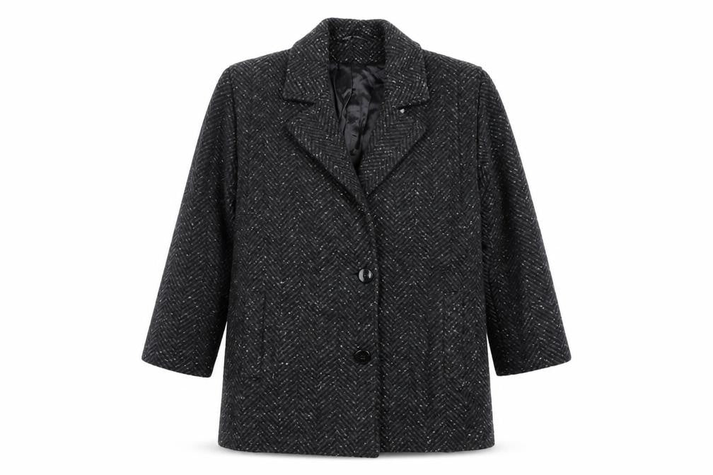 Front view of Collection Elégante Women's Black Wool Blend Herringbone Mid-Length Coat, size 12