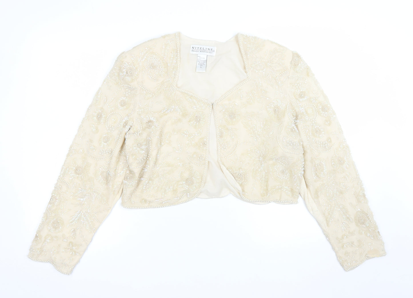 Niteline Della Roufogali Women’s Ivory Silk Beaded Cropped Blazer L