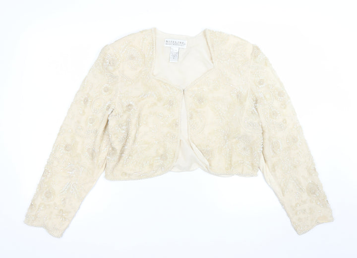 Niteline Della Roufogali Women’s Ivory Silk Beaded Cropped Blazer L