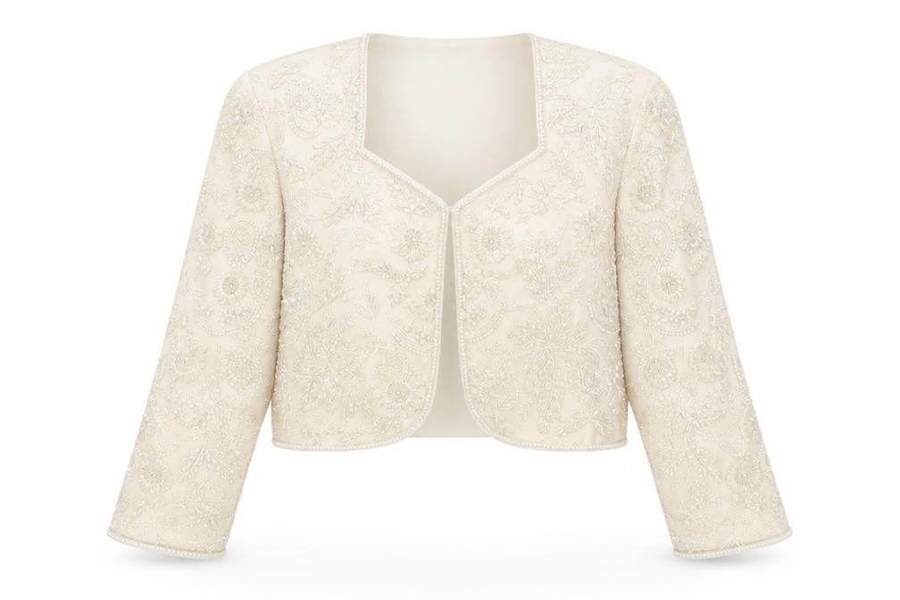 Front view of Niteline Della Roufogali Women’s Ivory Silk Beaded Cropped Blazer L