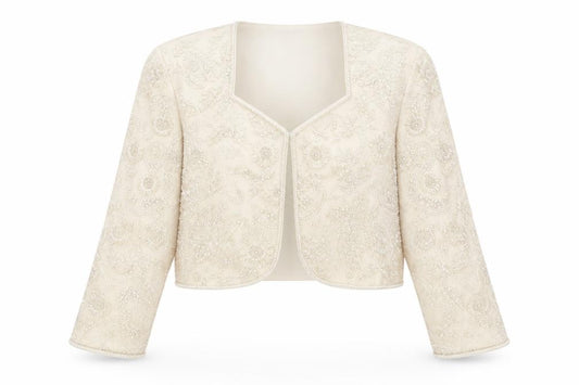 Front view of Niteline Della Roufogali Women’s Ivory Silk Beaded Cropped Blazer L