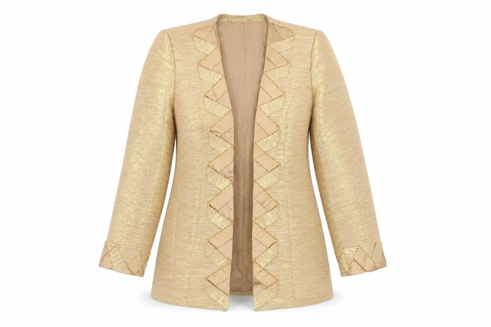 Front view of Milano Women Gold Blazer, size 12, Ruffle Trim Formal Jacket