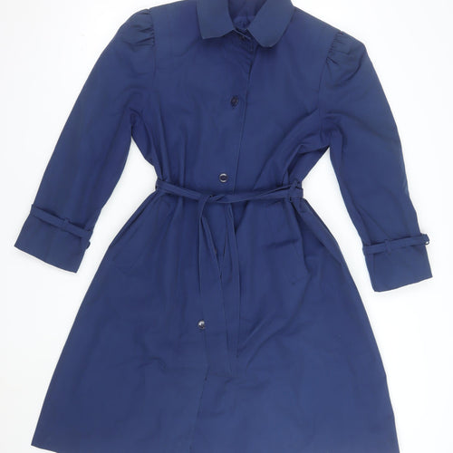 Downpour Womens Blue Belted Trench Coat Size 12 Long Sleeve Classic Style